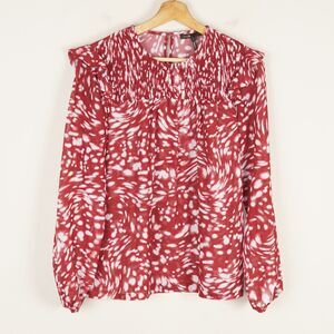 Maje Lipone Ruffled Shirred Print Long Sleeve Red Top Womens Sz 1 US S